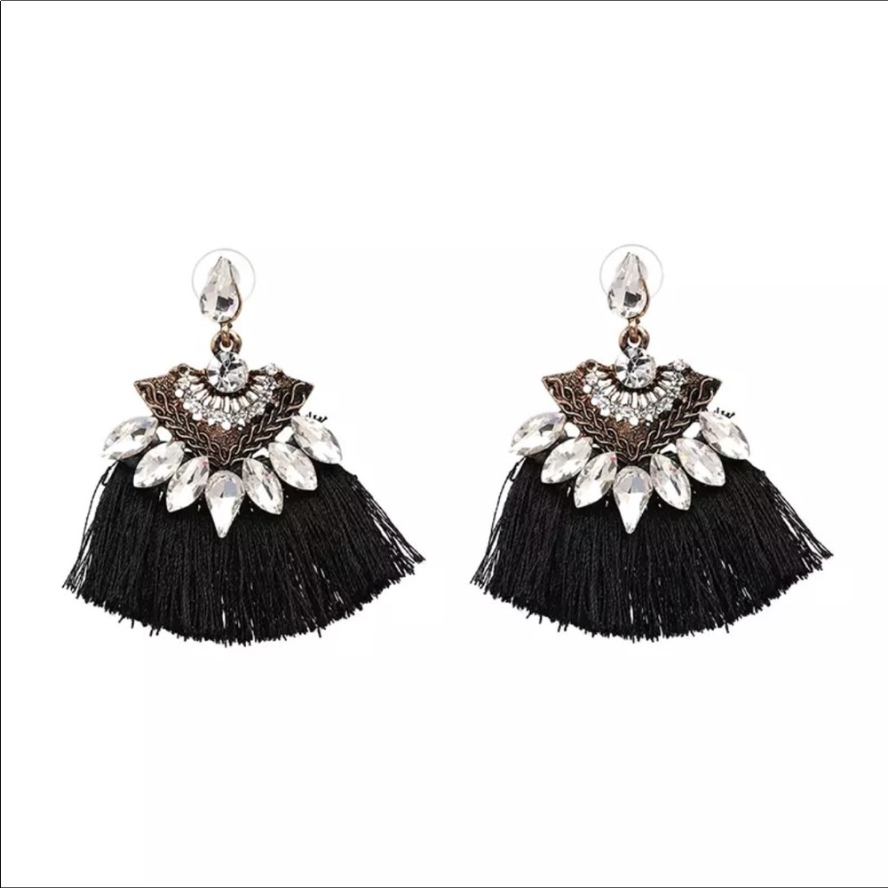Tassel Earrings Bohemian Fan Shape Black Statement - Picture 4 of 5